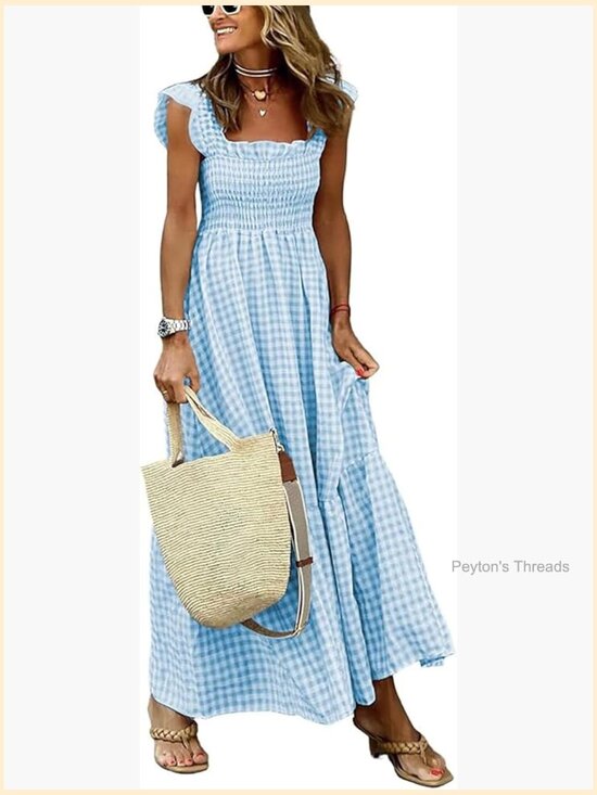 Dresses & Skirts - Square Neck Plaid Smocked Dress Ruffle Sleeveless Maxi Long Dress